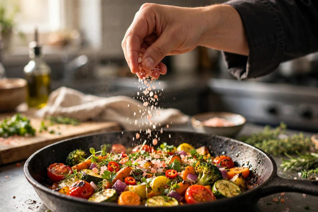 How to Use Pink Salt in Cooking: 12 Practical Ideas (Beyond the Trick) 1 Chef sprinkling pink Himalayan salt over a cooking dish