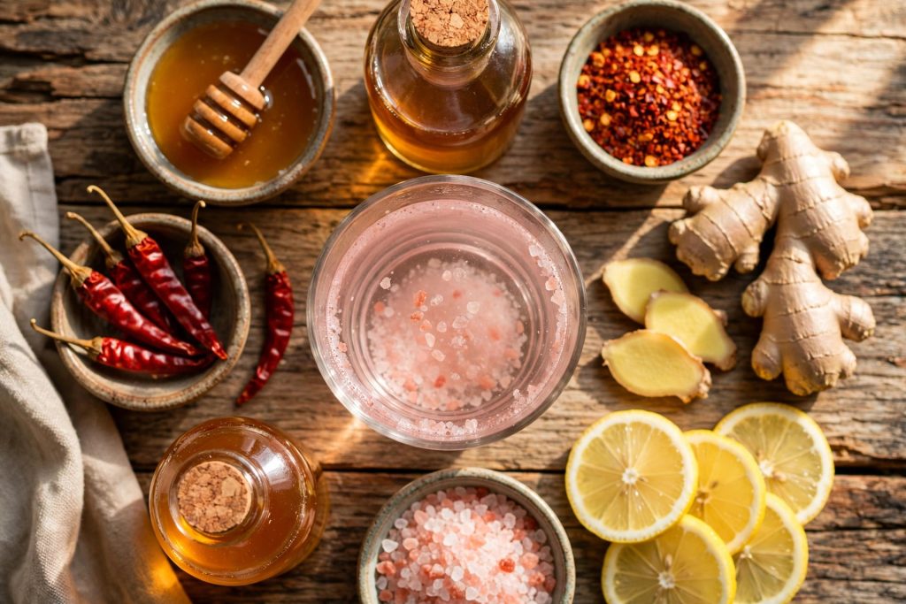 7 Pink Salt Trick Variations: Honey, Apple Cider Vinegar, Ginger & More 4 Pink salt trick variations ingredients: honey, apple cider vinegar, ginger and lemon