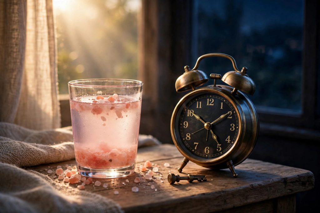 When to Drink Pink Salt Water: Morning vs. Night (and How Often) 5 Pink salt water next to an alarm clock, morning versus night